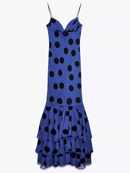Zara Dresses & Skirts - Zara Cobalt Blue Ruffled Maxi Dress with Black Polka Dots